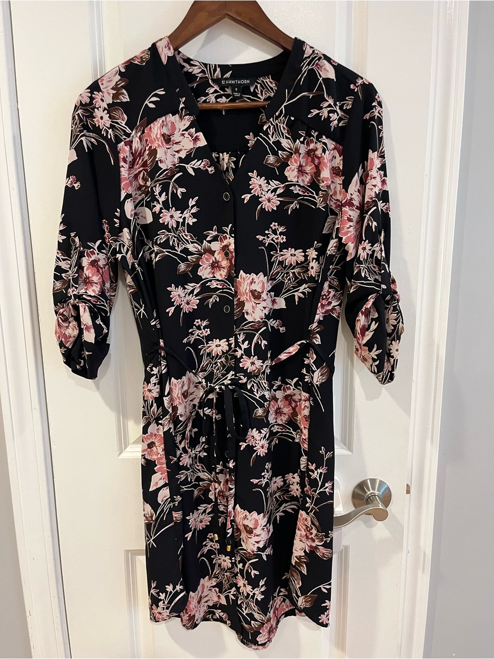 41 Hawthorn Black Floral Midi Dress with Pink Blooms